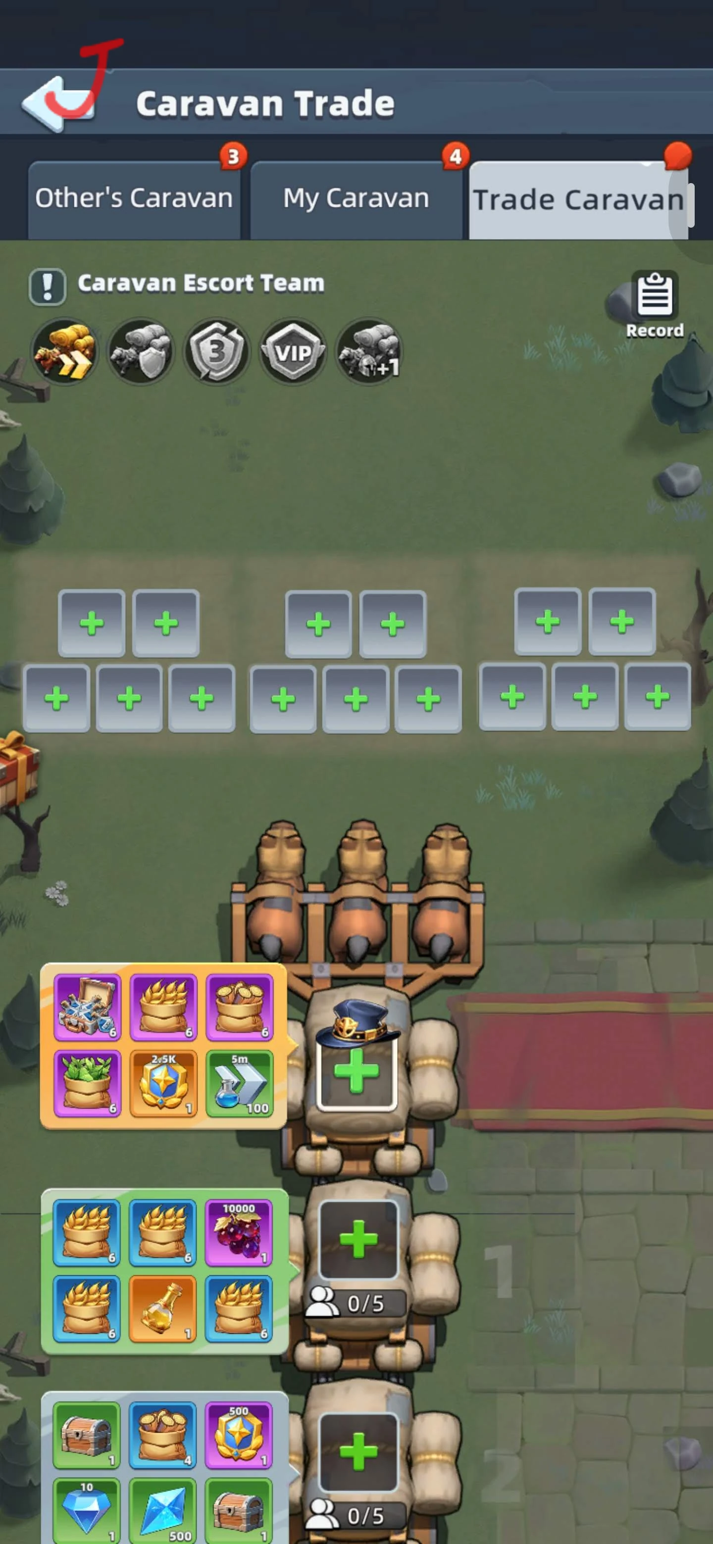 Last Asylum Trade Caravan screen showing escort slots and wagon rewards.