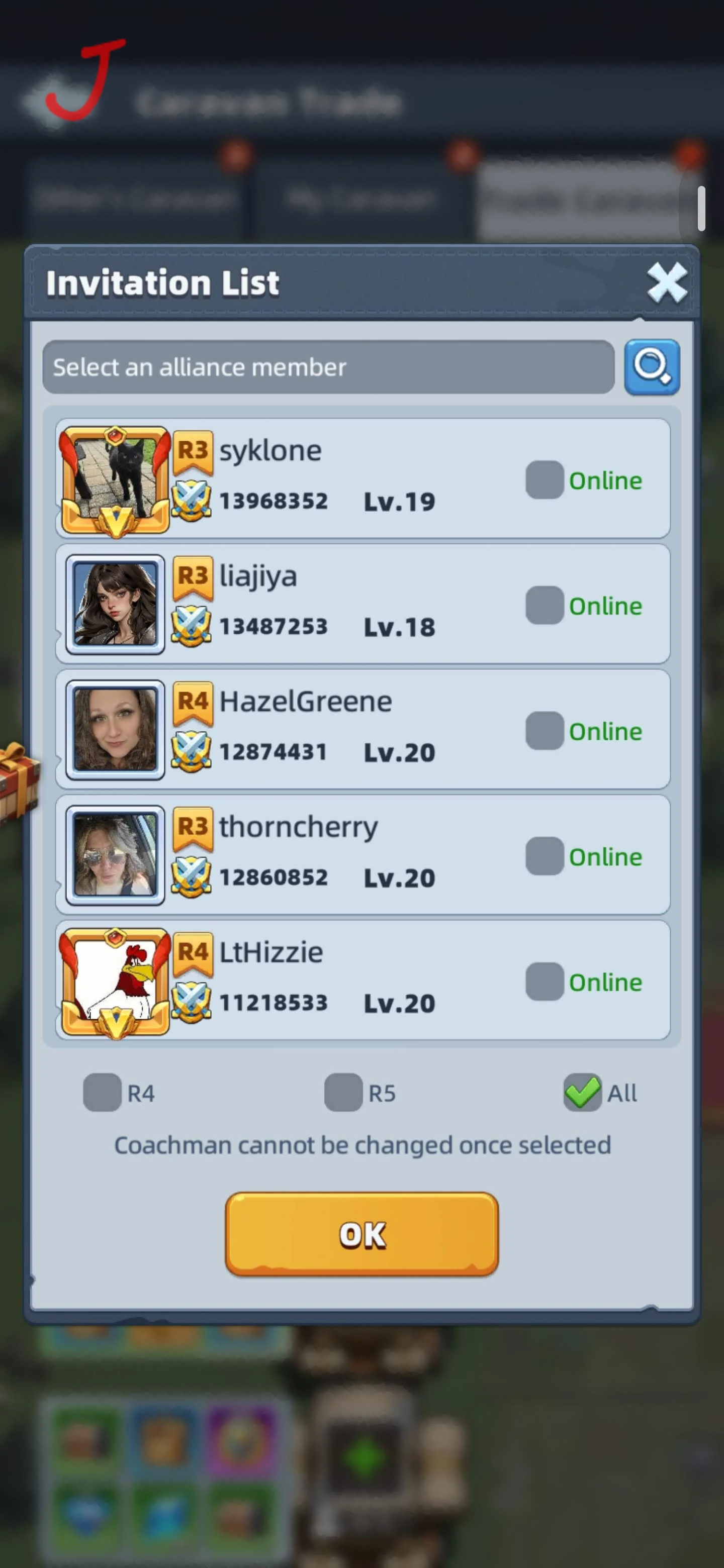 Alliance member invitation list for selecting a caravan coachman in Last Asylum.