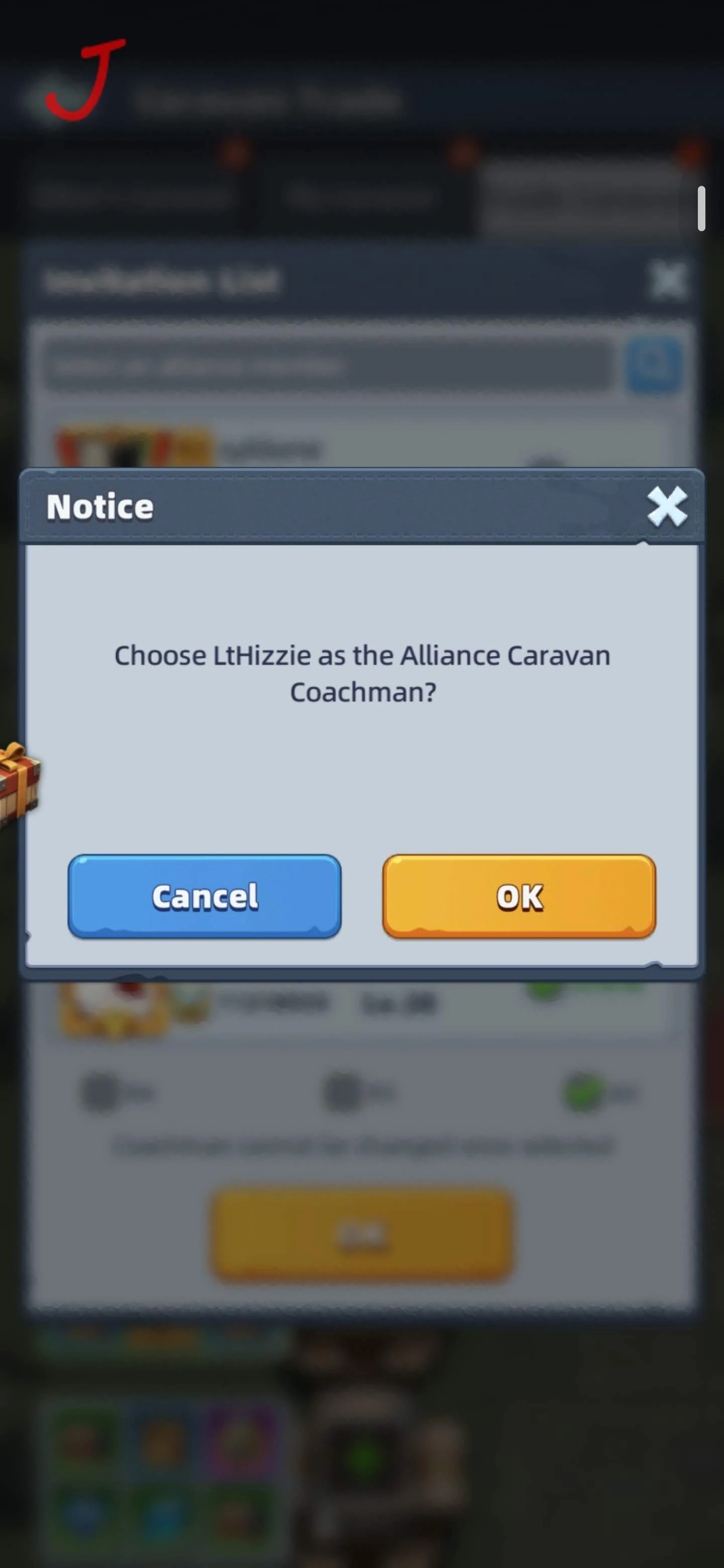 Confirmation dialog for choosing an alliance caravan coachman in Last Asylum.