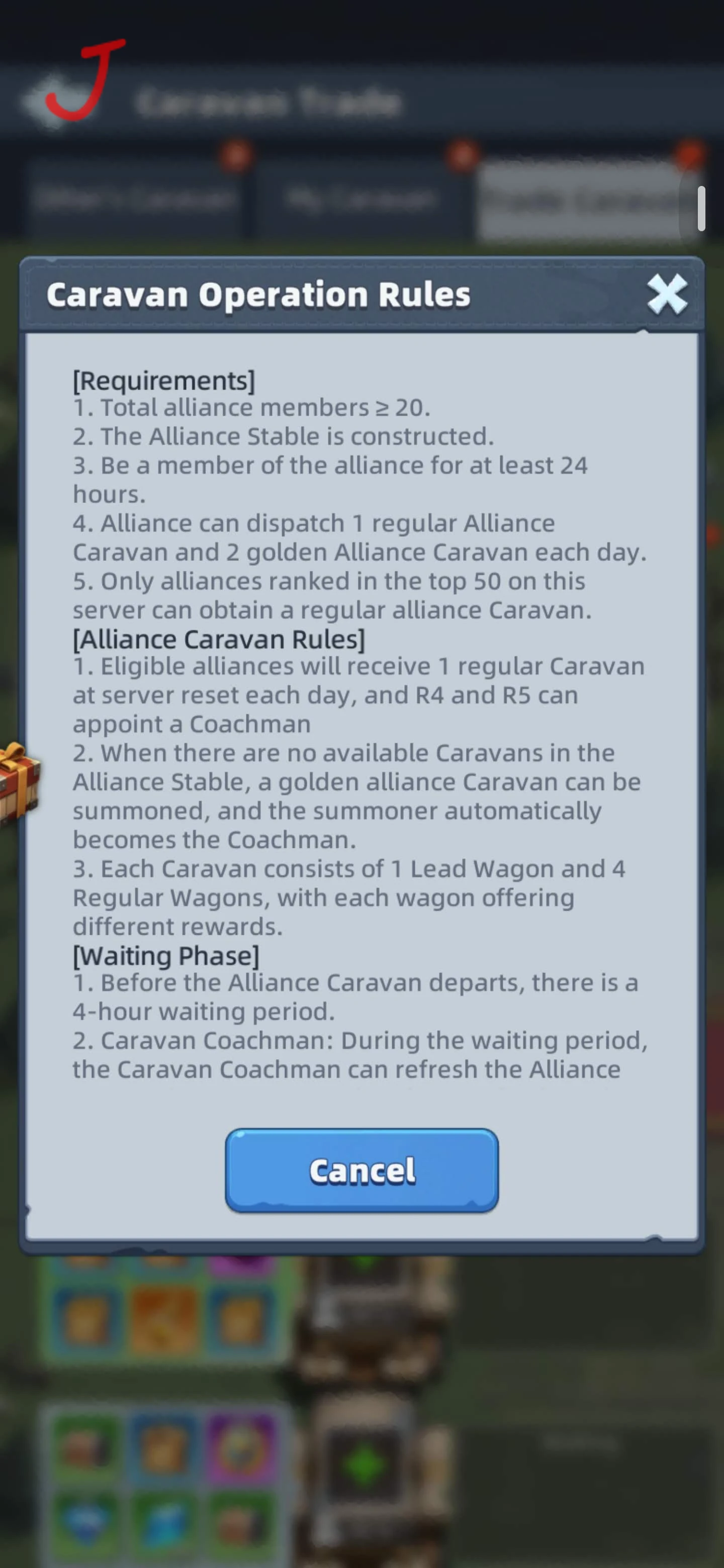 Last Asylum Caravan Operation Rules showing alliance requirements and caravan rules.