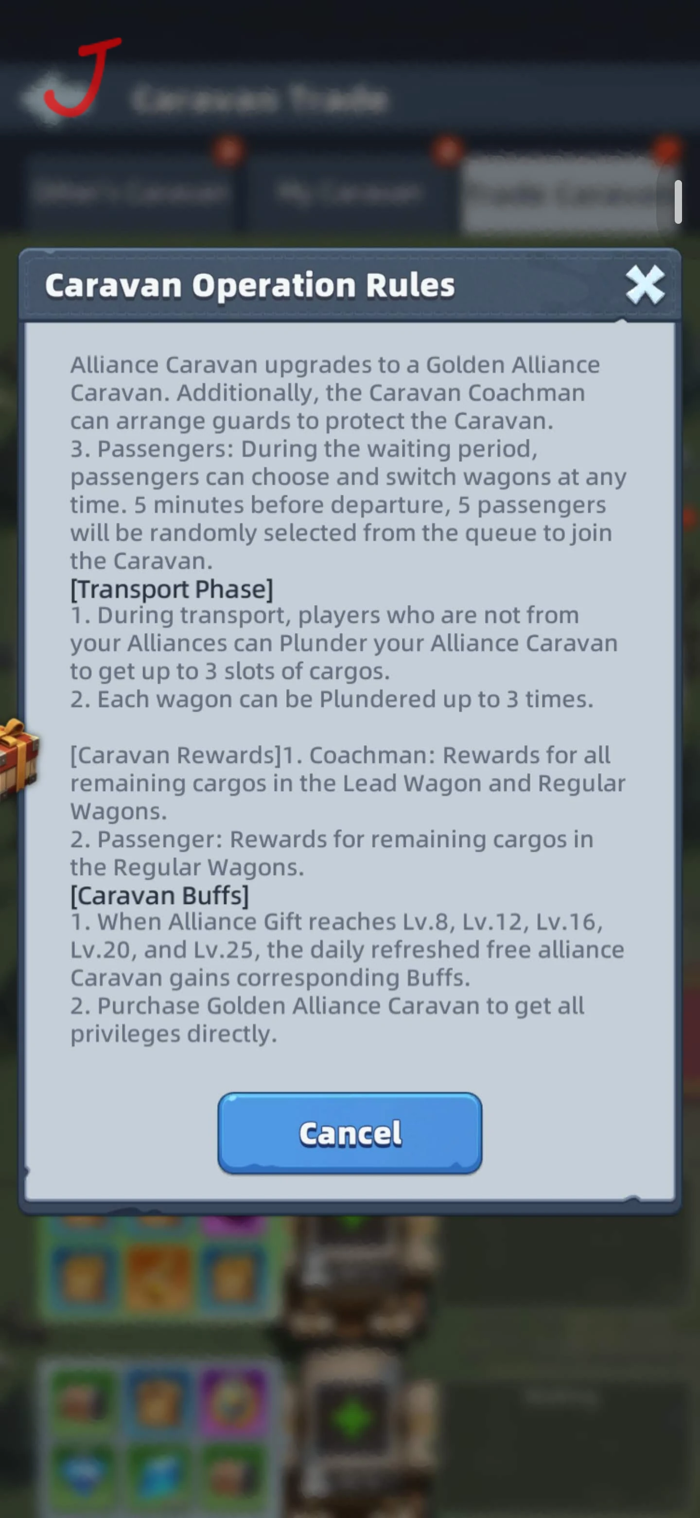 Last Asylum Caravan Operation Rules showing passenger rewards and caravan buffs.